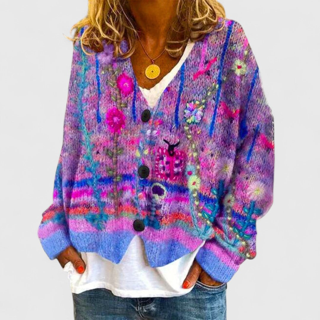 Women's floral striped V-neck button cardigan with long sleeves
