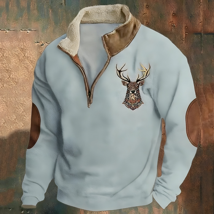Men's half-zip sweater with deer embroidery, mock neck and elbow patches