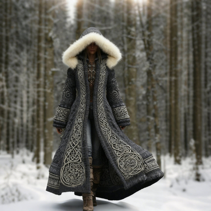 Women's embroidered hooded maxi winter coat with decorative trim
