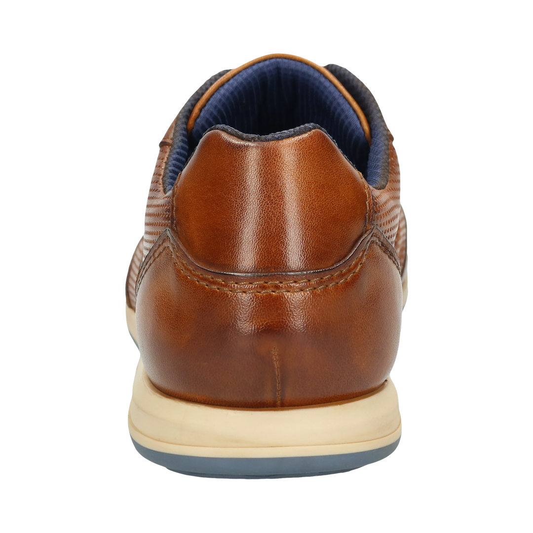 Cognac leather lace-up sneaker with textured panels and navy side stripe