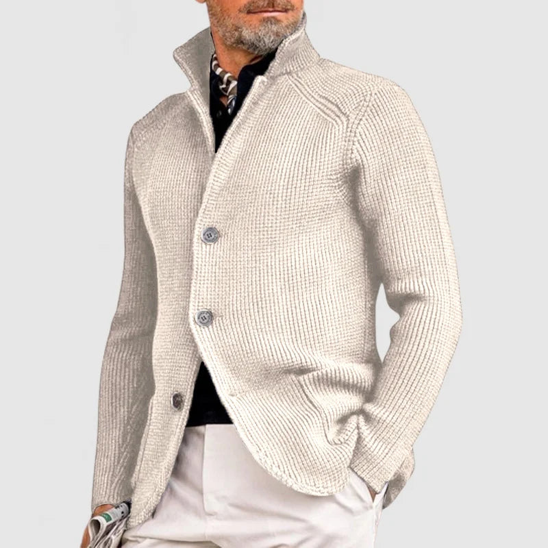 Men's textured knit cardigan with stand collar, button front and patch pockets