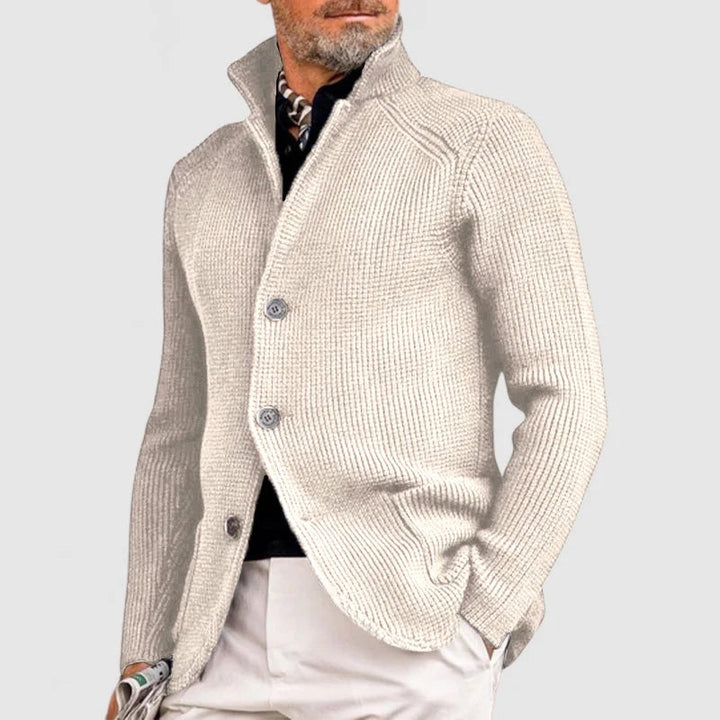 Men's textured knit cardigan with stand collar, button front and patch pockets