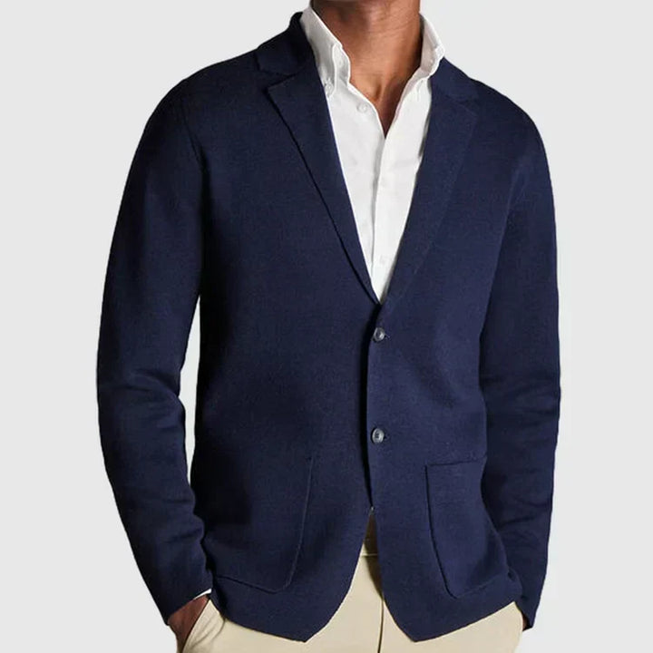 Knitted sweater jacket with high neck zip front and pockets