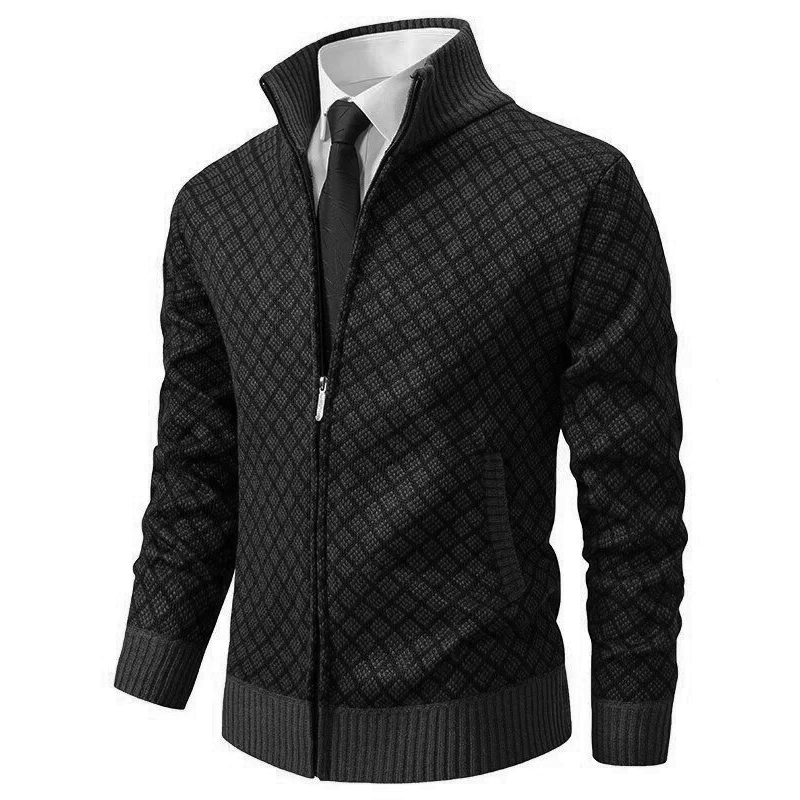 Long sleeve zip cardigan with diamond pattern and stand collar