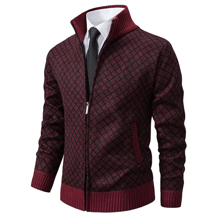 Long sleeve zip cardigan with diamond pattern and stand collar