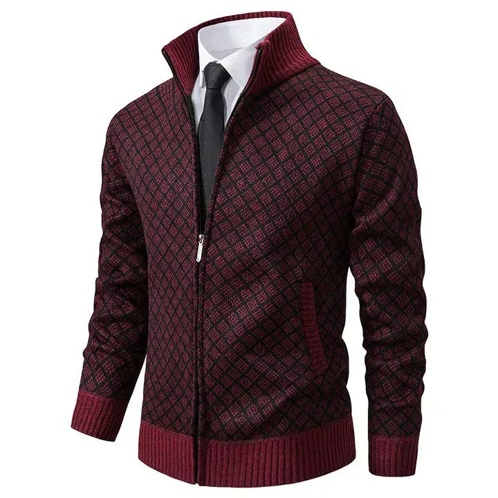 Textured zip cardigan with diamond pattern and ribbed trims
