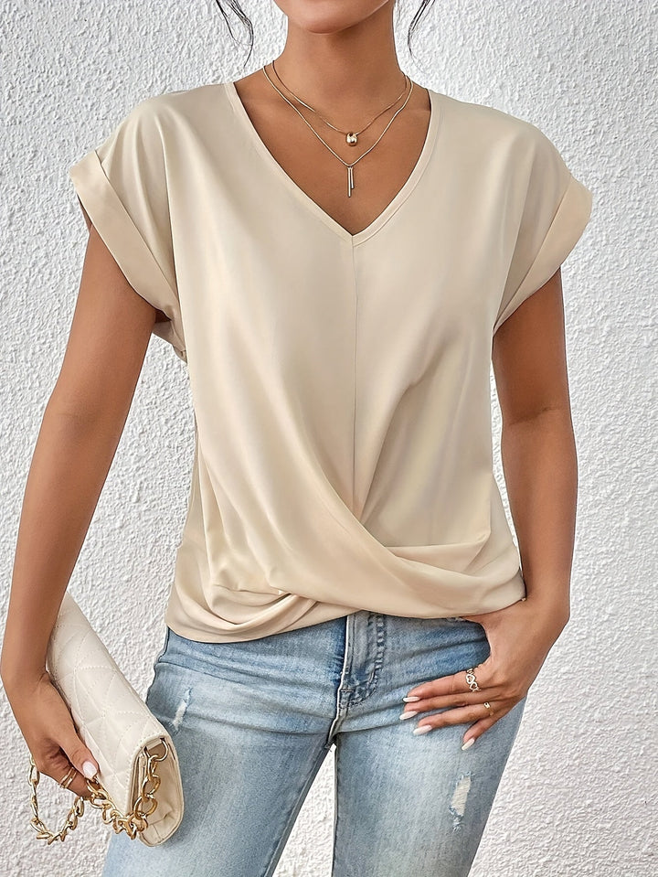 Women's v-neck short sleeve t-shirt with wrap front in mauve