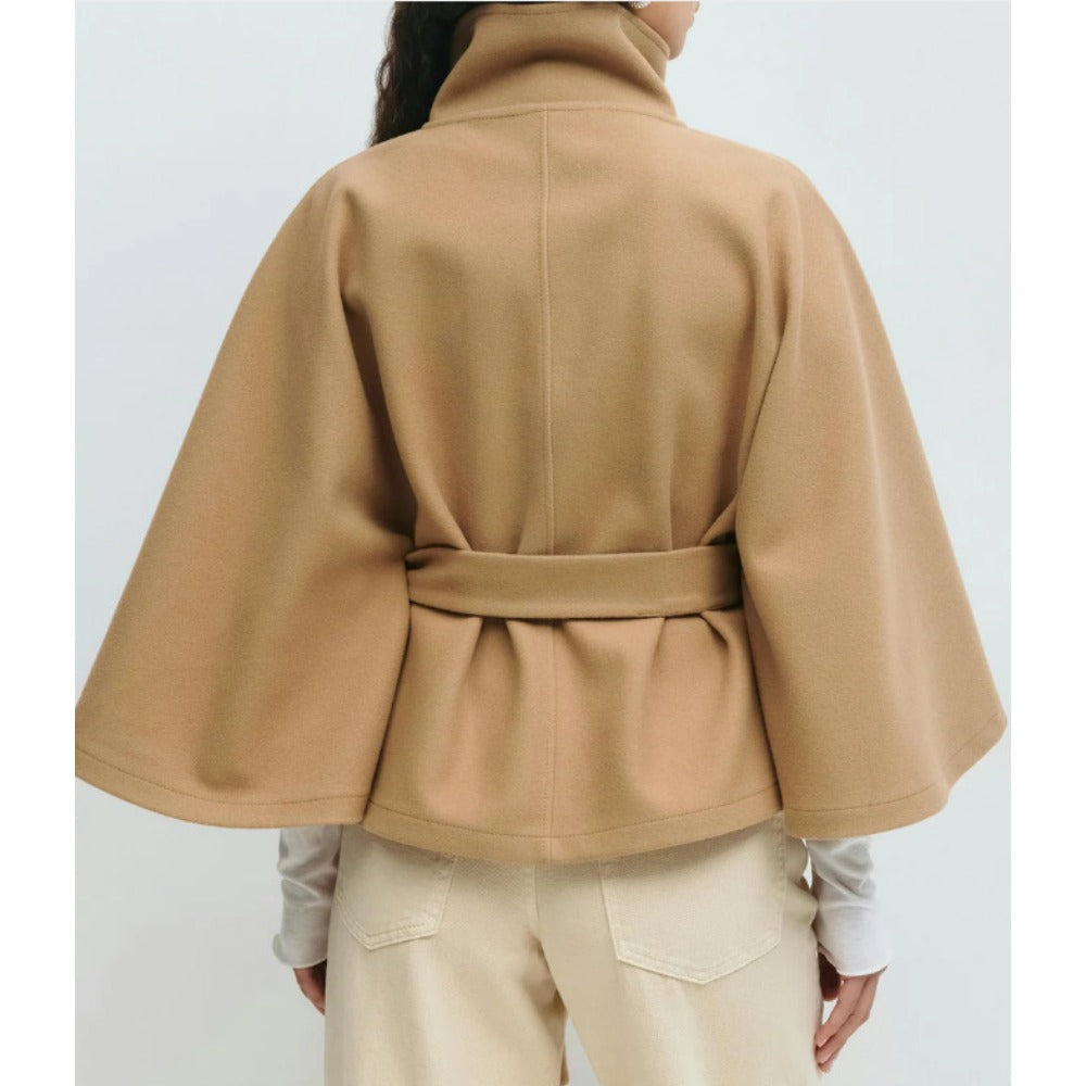 Women's belted cape coat with high collar and button front