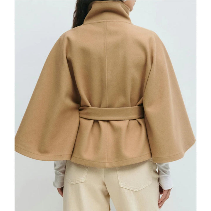 Women's belted cape coat with high collar and button front