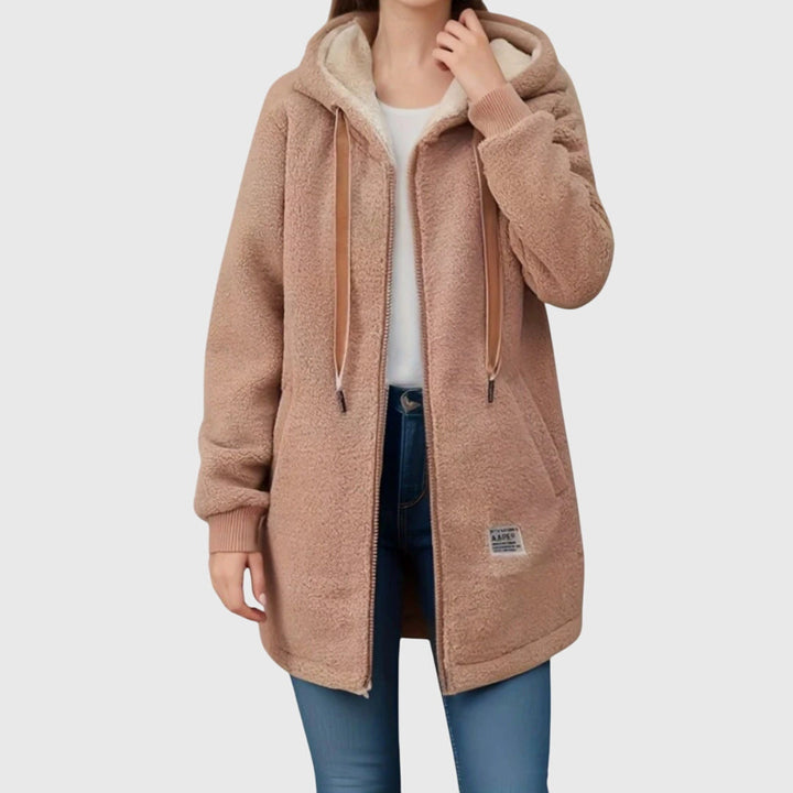 Women's longline hooded fleece jacket with full zip front