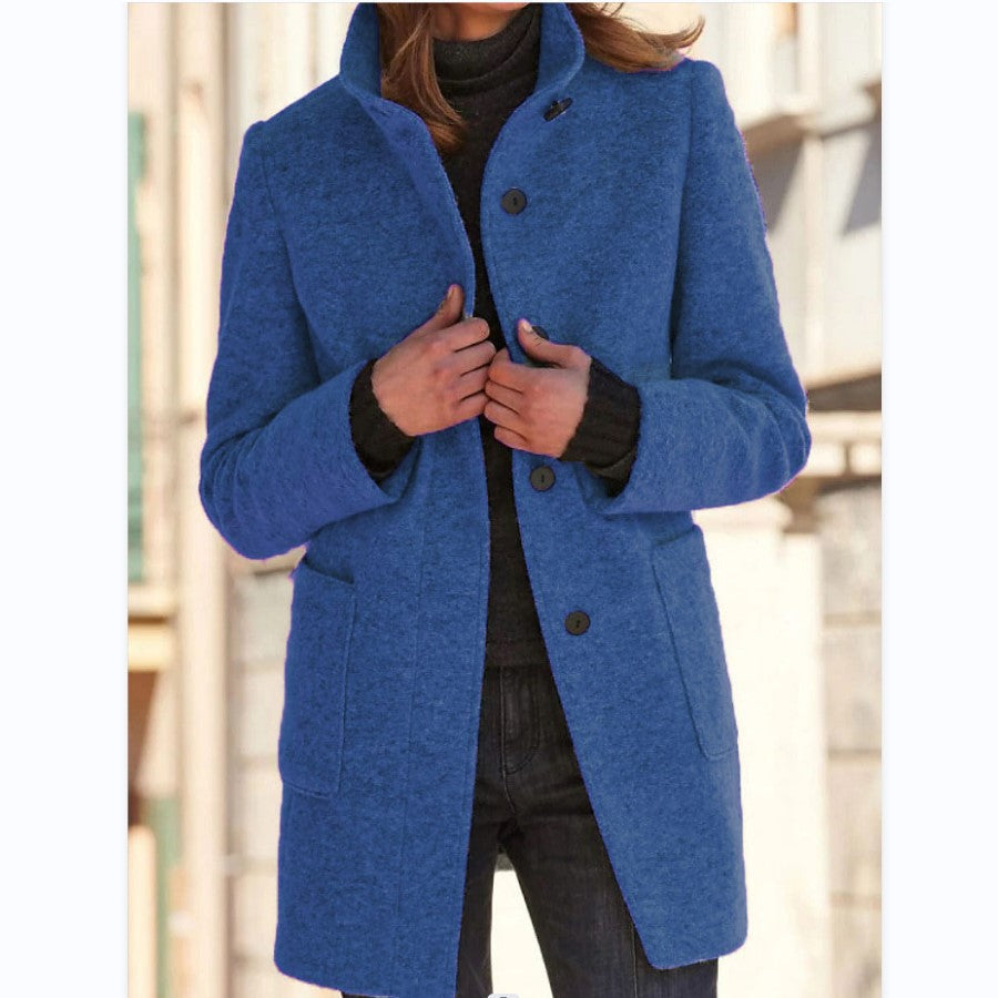 Women's mid-length button front coat with stand collar and patch pockets