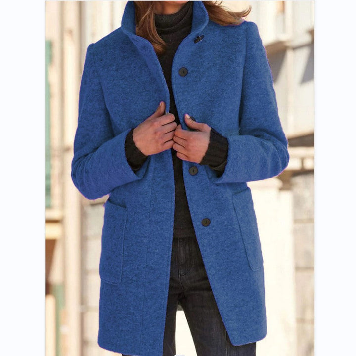 Women's mid-length button front coat with stand collar and patch pockets