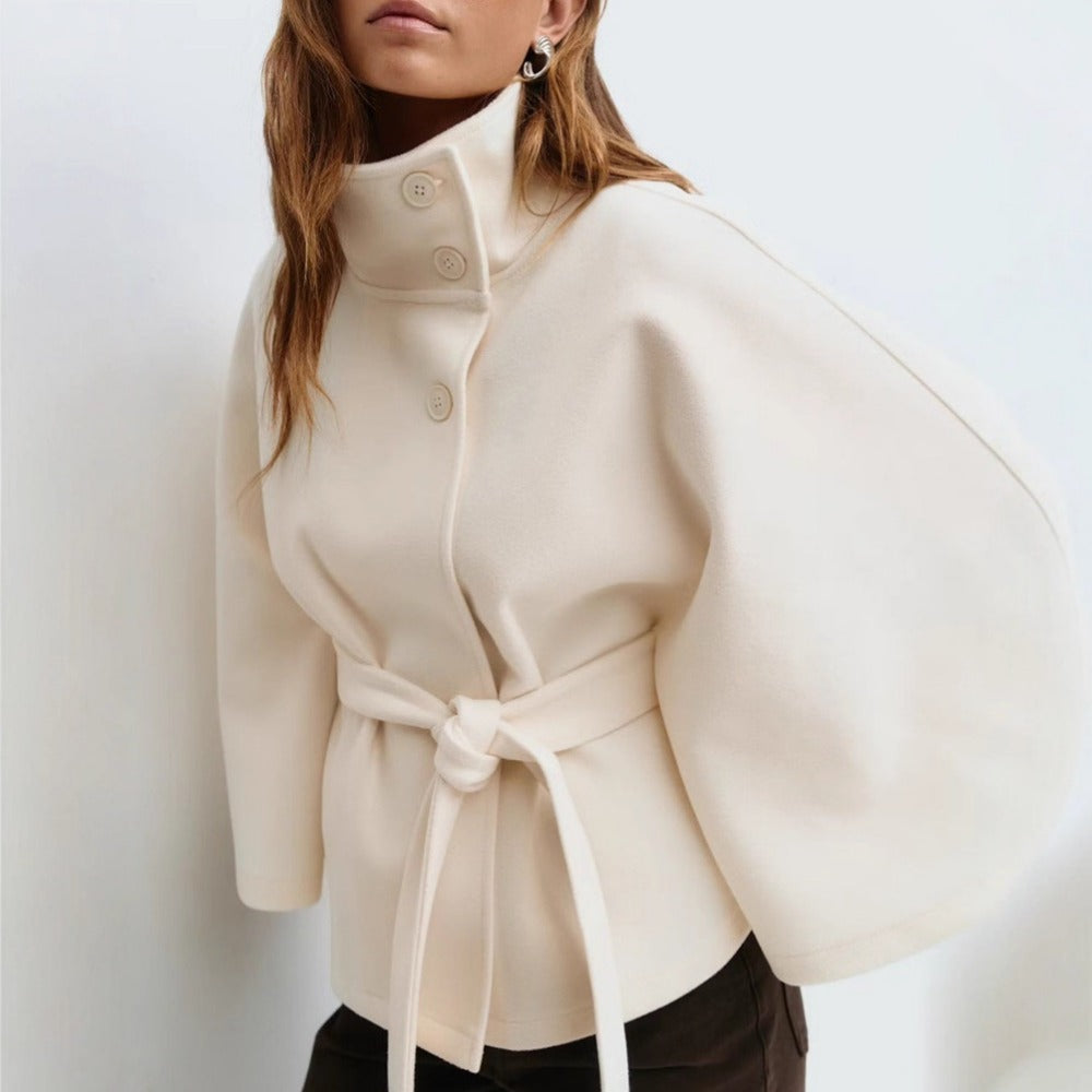 Women's belted cape coat with high collar and button front