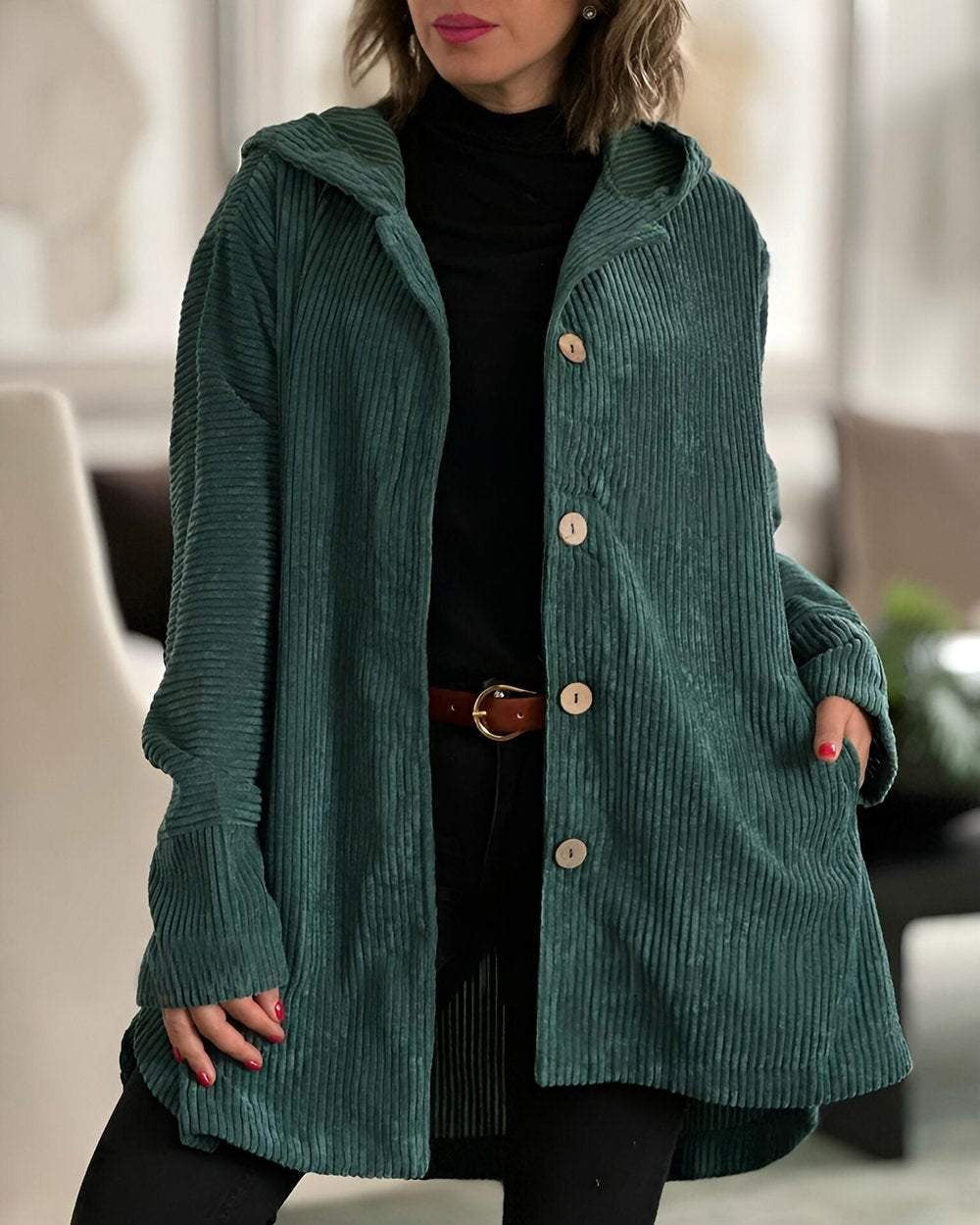Women's corduroy hooded jacket with buttons and side pockets