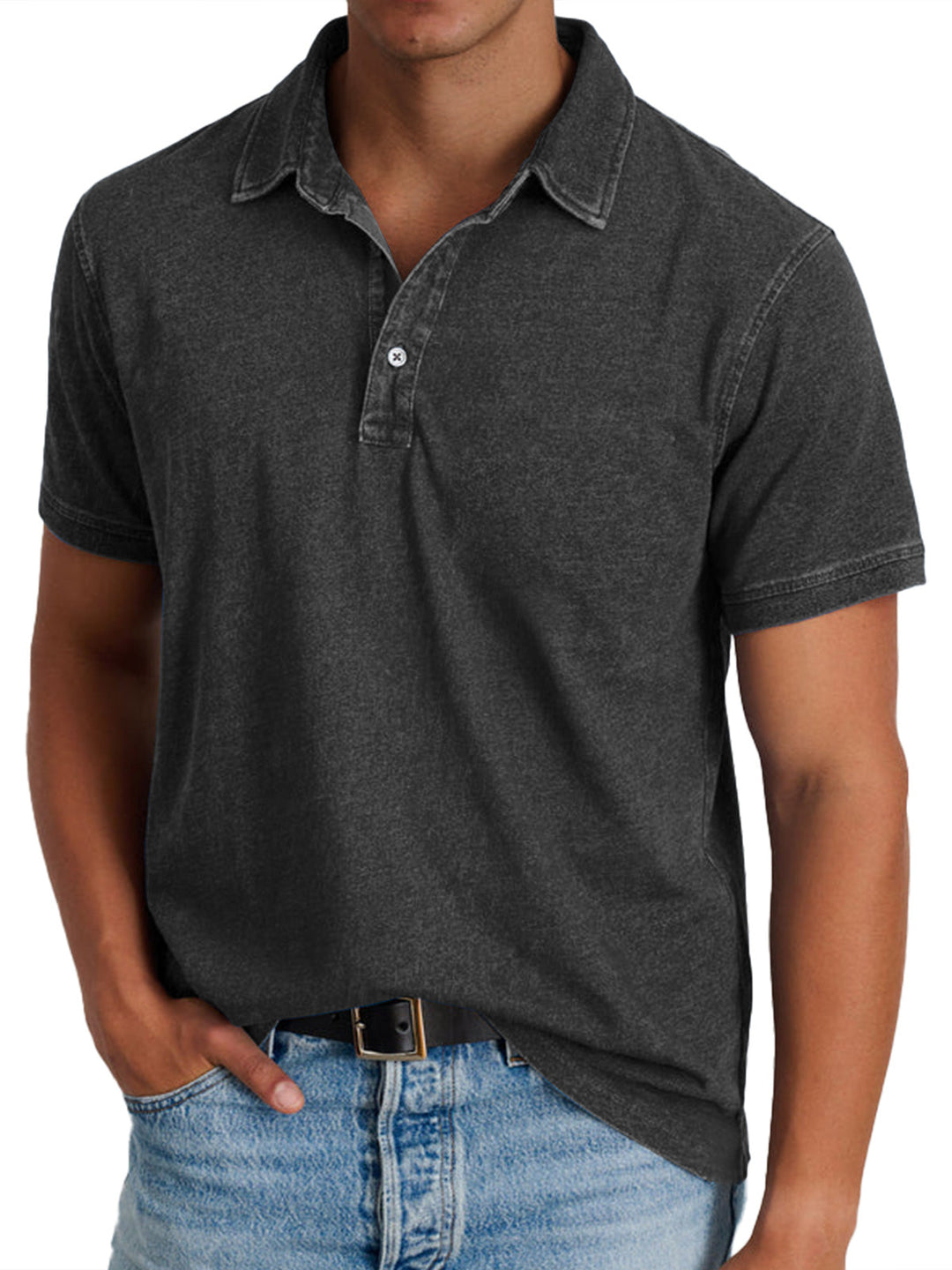 Men's blue polo shirt with collar and button front, short sleeves