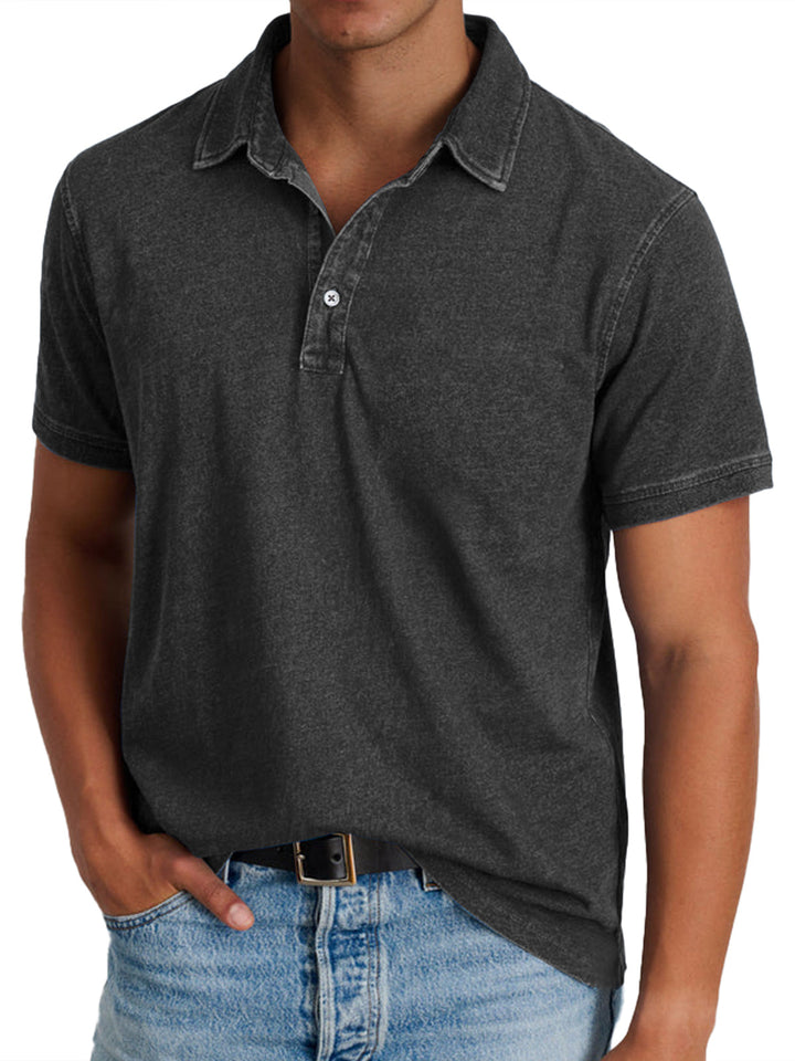 Men's blue polo shirt with collar and button front, short sleeves