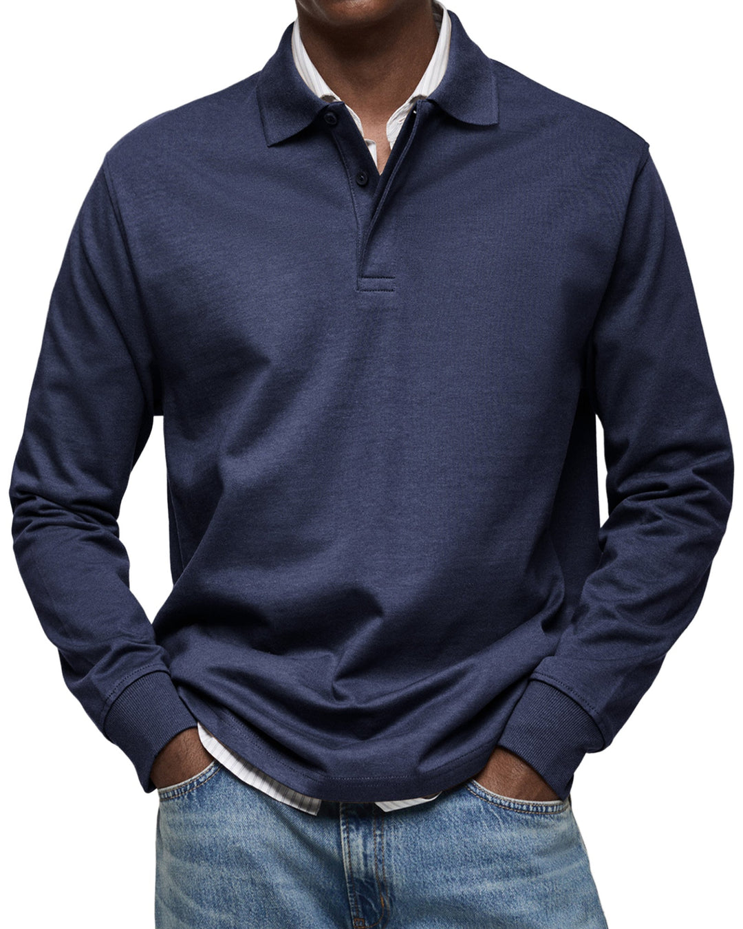 Men's long sleeve polo sweater with collared button placket and ribbed cuffs