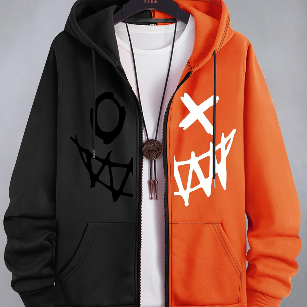 Two-tone men's zip-up hoodie with graphic face print and front pockets