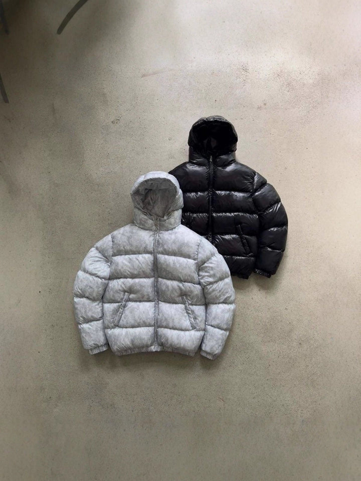 Men's hooded quilted puffer jacket shown in gray and black variants