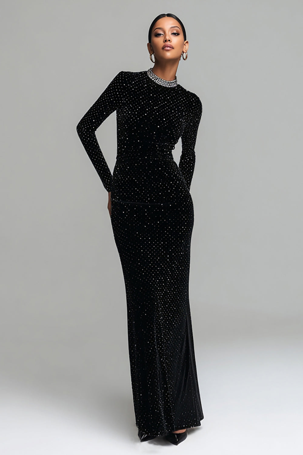 Women's black sparkle maxi dress with embellished crew neckline and long sleeves