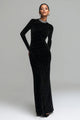Women's black sparkle maxi dress with embellished crew neckline and long sleeves