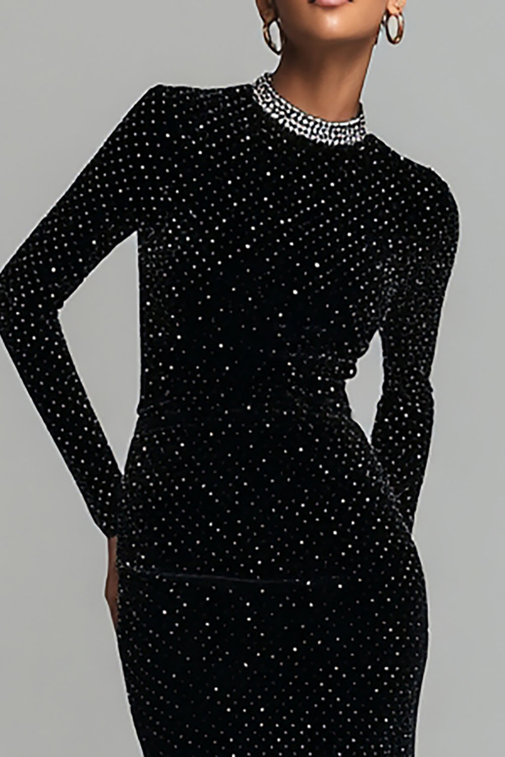 Women's black sparkle maxi dress with embellished crew neckline and long sleeves