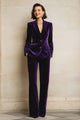 Women's velvet two-piece suit with peak-lapel blazer and wide-leg trousers