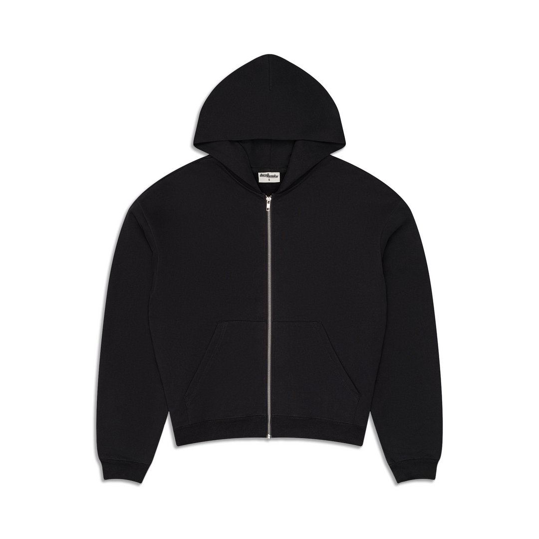 Man wearing a black full-zip hooded sweatshirt with a kangaroo pocket
