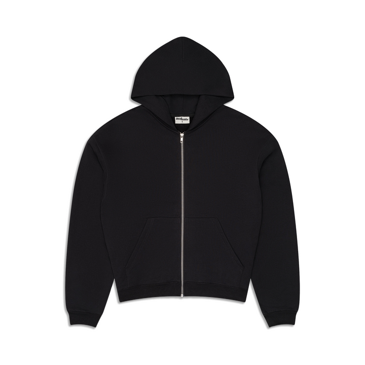 Man wearing a black full-zip hooded sweatshirt with a kangaroo pocket