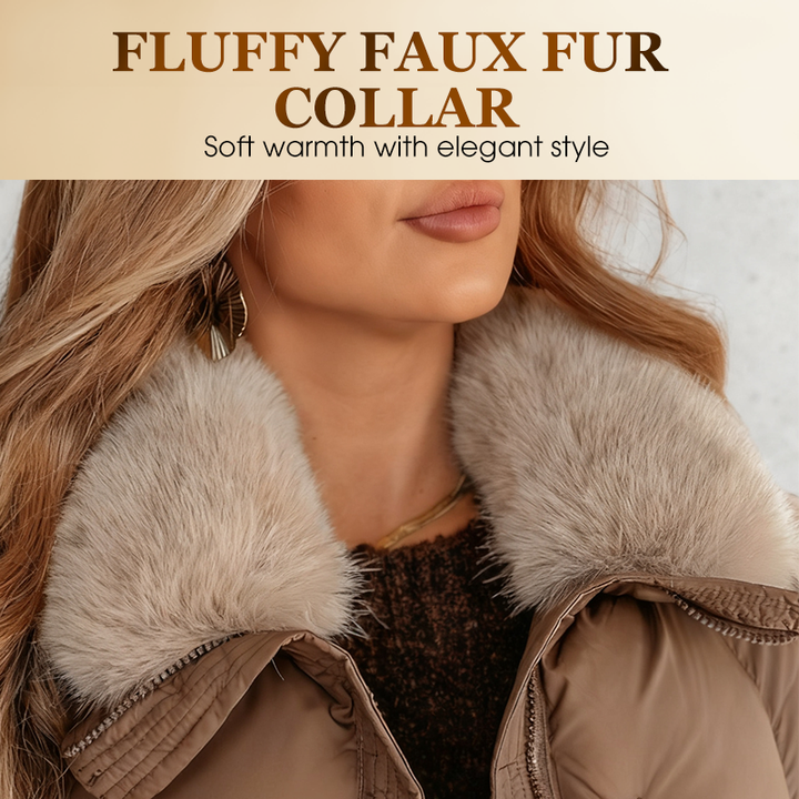 Women's cropped puffer jacket with plush collar and long sleeves