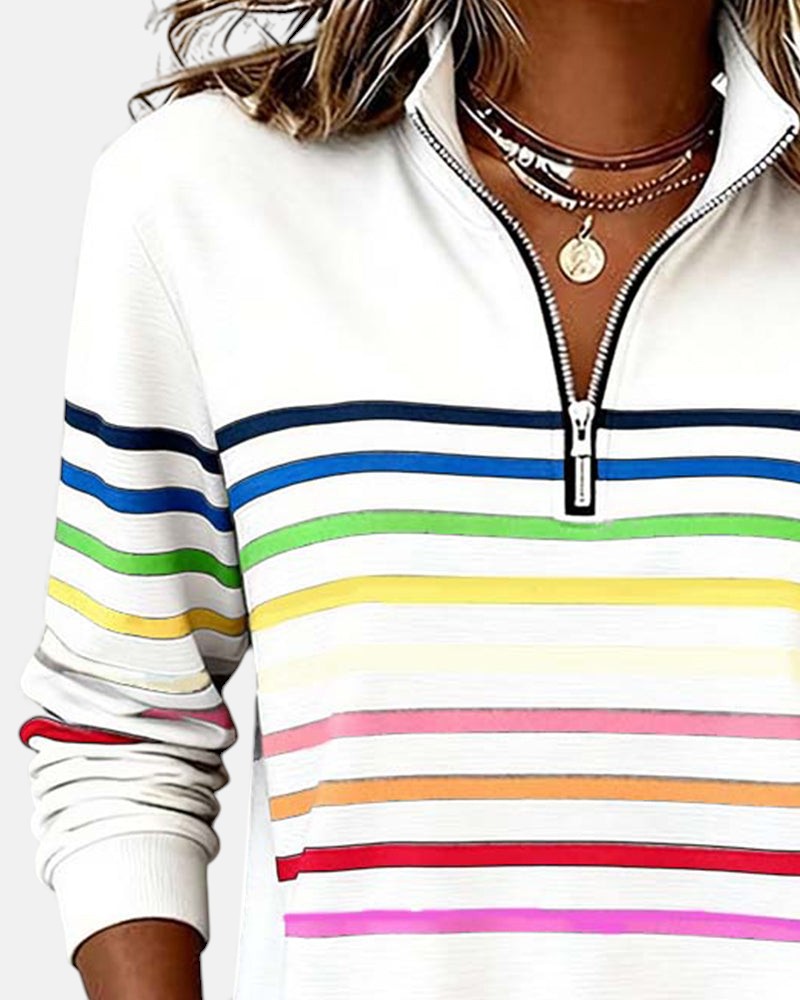 Women's Rainbow Striped Zip Sweatshirt in Gray - View 11 | Bellmere
