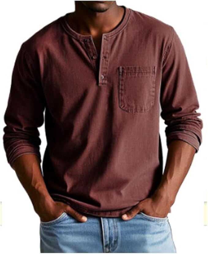 Men's long-sleeve Henley shirt with button placket and chest pocket
