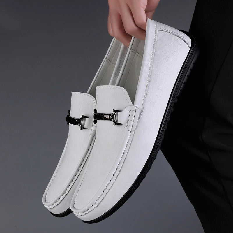 Men's slip-on loafers with moc toe and decorative vamp strap