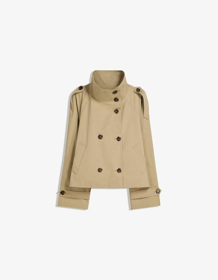 Women's trench jacket with high collar, button front, tie belt and long sleeves