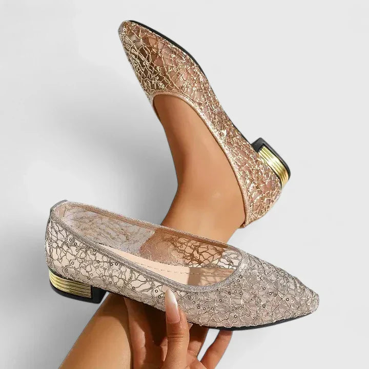 Dahlia | Women's Lace Pointed Toe Flats Gold Heel Detail