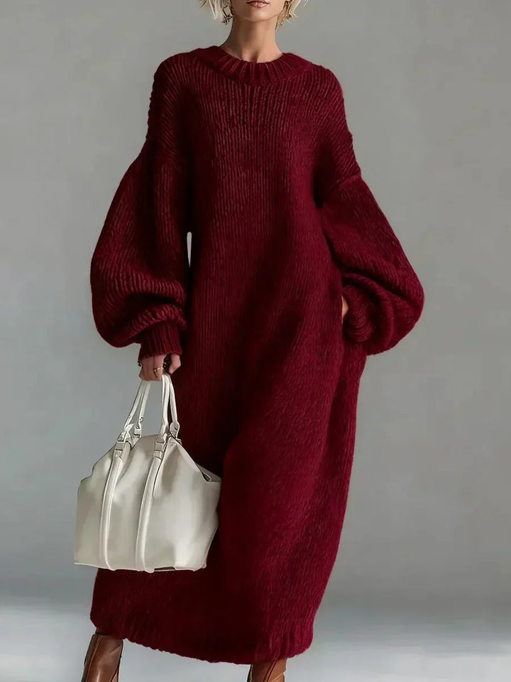 Women's full-length knit dress with crew neck and long balloon sleeves