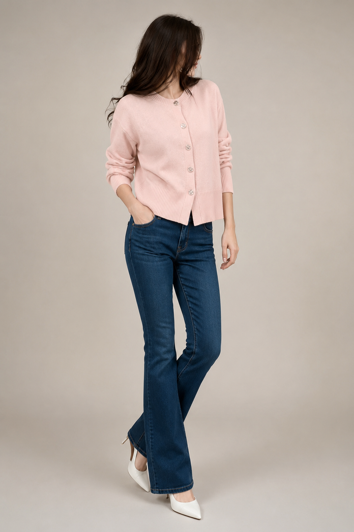 Women's short button-front cardigan with long sleeves and ribbed trims