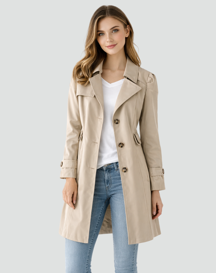 Women's long sleeve trench coat with notched lapel collar and button front