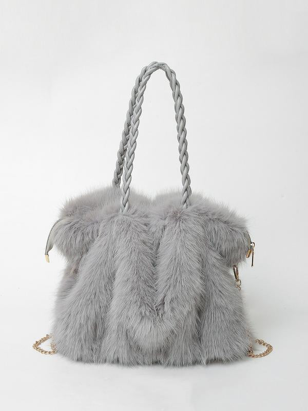 Faux fur shoulder bag with braided handles and chain strap