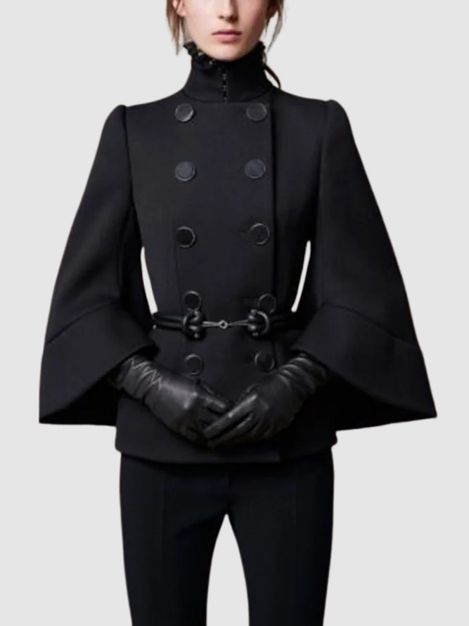 Women's black high neck cape coat with buttons and flared sleeves
