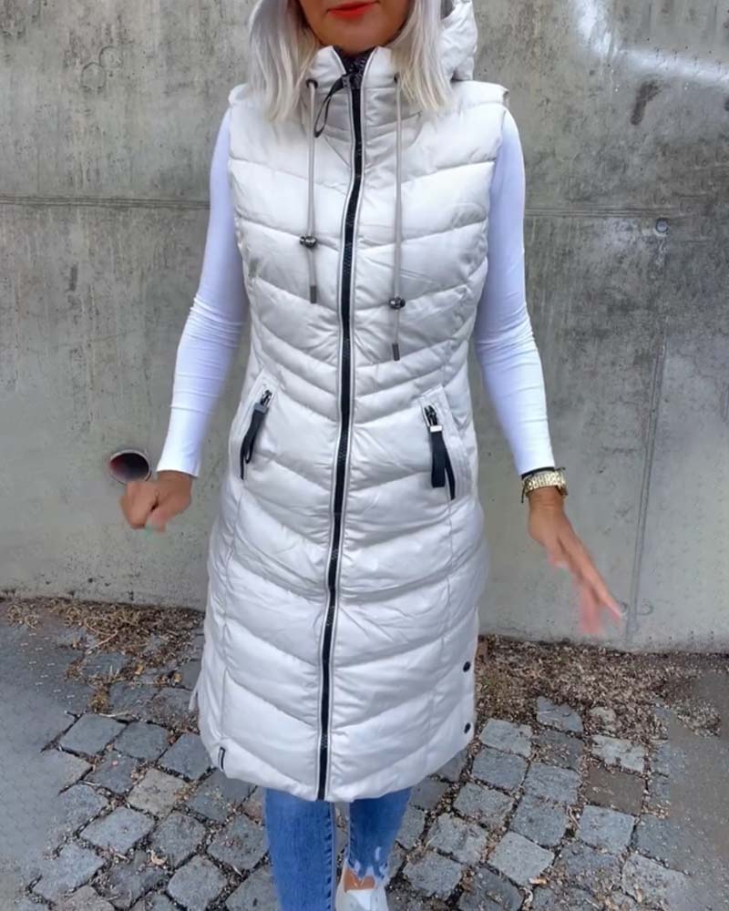 Women's white sleeveless quilted hooded longline vest with front zipper and zip pockets