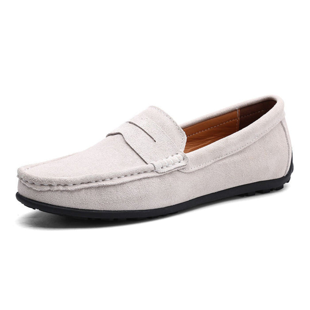 Men's penny loafers with moc toe, stitched edging and flat sole