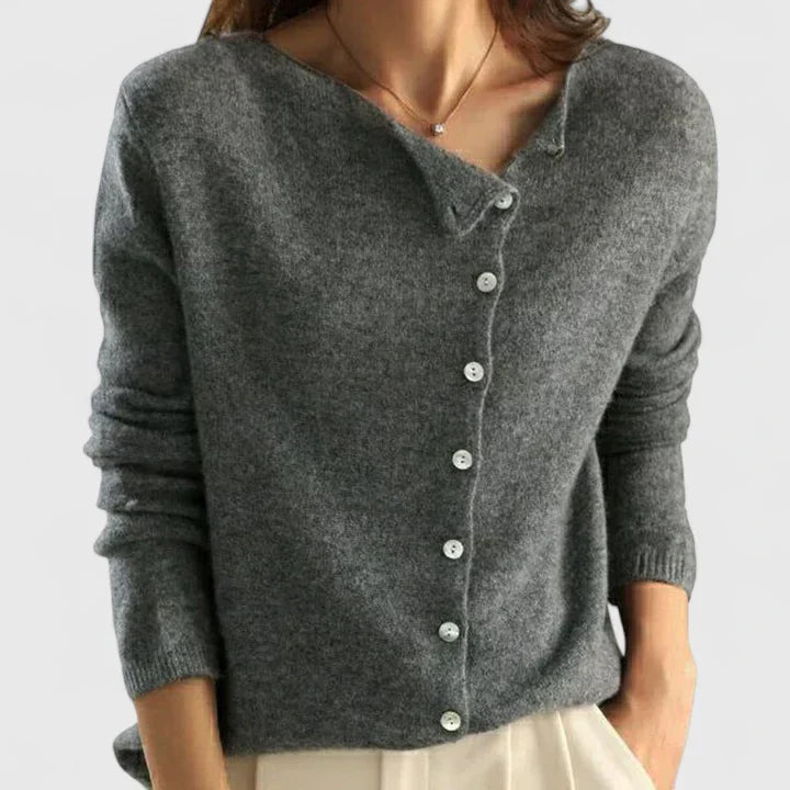 Women's long-sleeve cardigan with asymmetric button front and ribbed trims