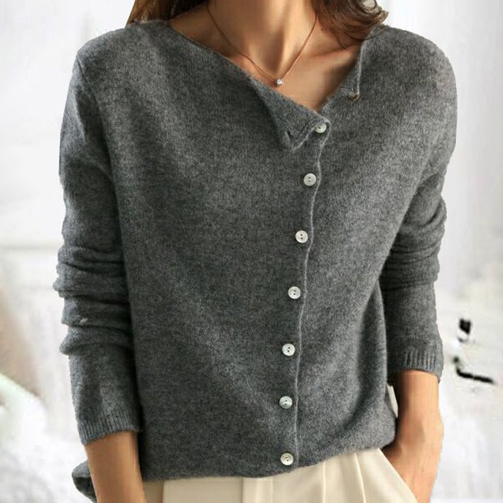 Women's long-sleeve button front knit cardigan shown in grey and pink
