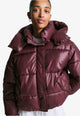 Women's burgundy hooded puffer jacket with quilted panels