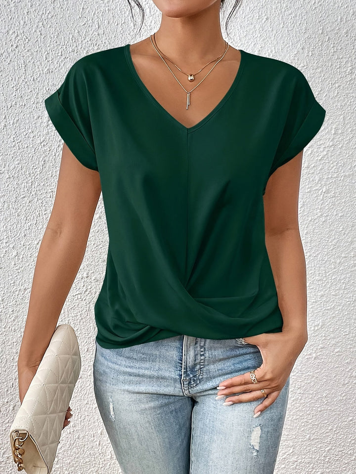 Women's v-neck short sleeve t-shirt with wrap front in mauve