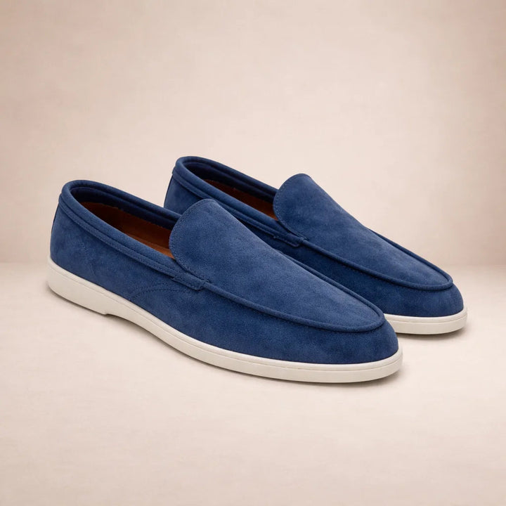 Men's casual slip-on loafers with moc toe stitching and flat white soles