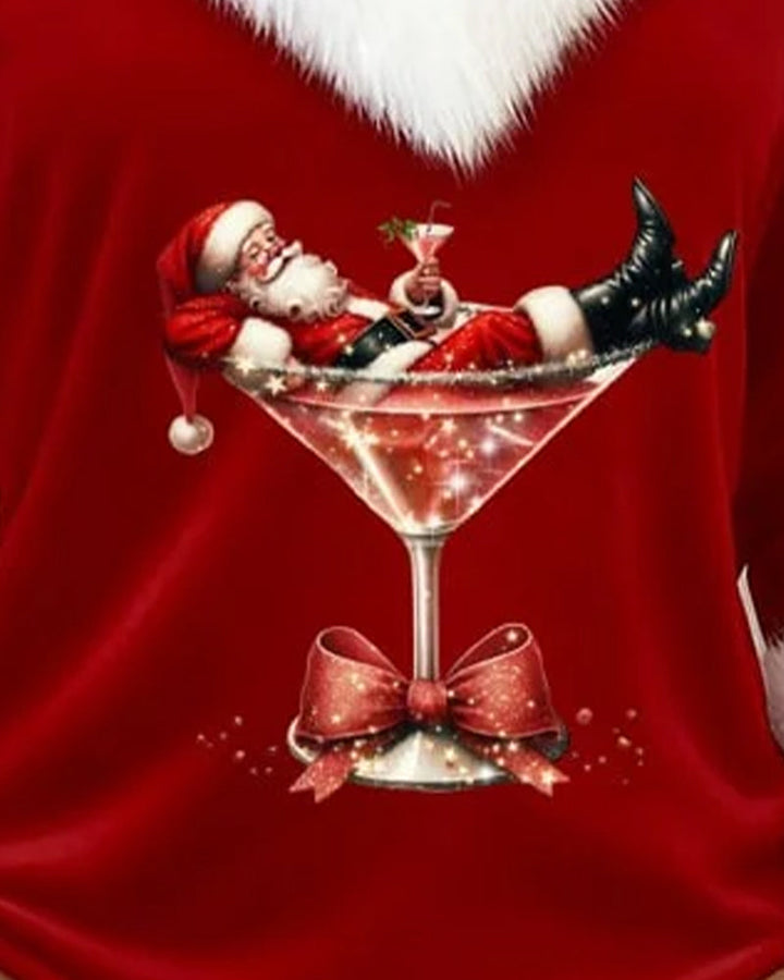 Women's red plush Christmas top with white faux fur V-neck trim and holiday print