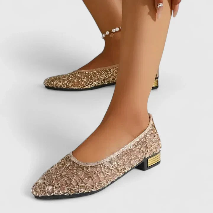 Dahlia | Women's Lace Pointed Toe Flats Gold Heel Detail