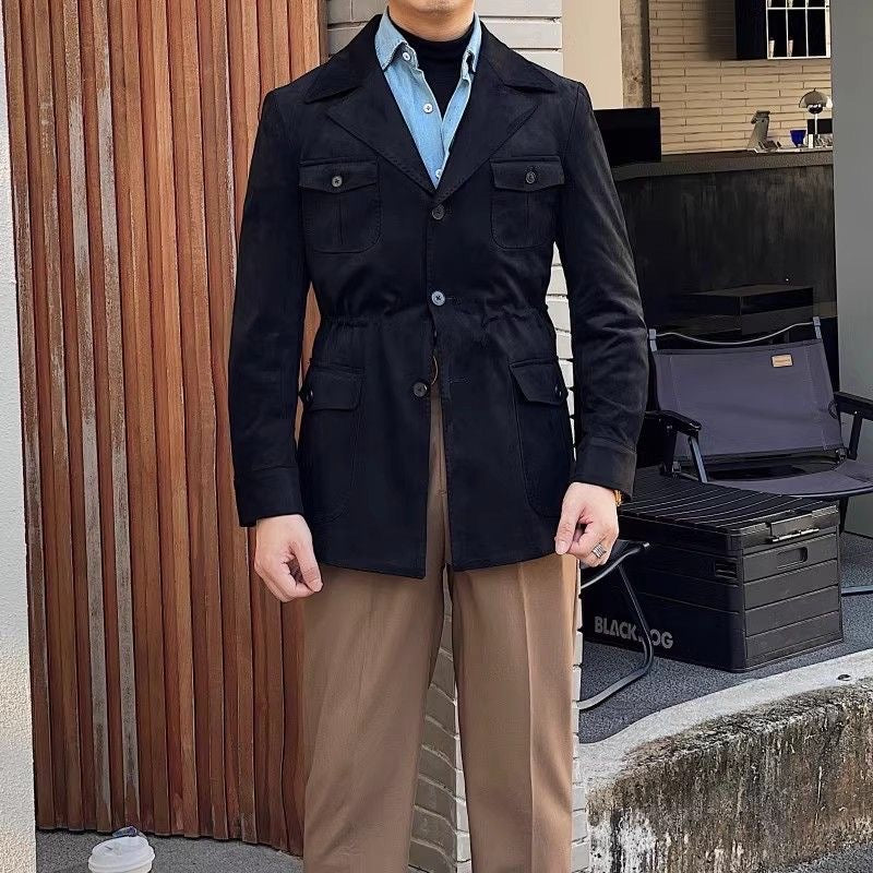 Hunting jacket with notched collar and four button flap pockets
